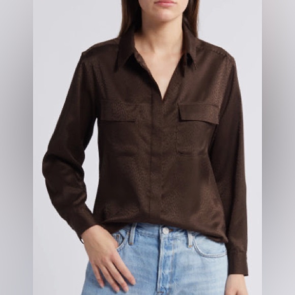 Frame Double Pocket Snake Print Satin Button-Up Shirt- in Espresso